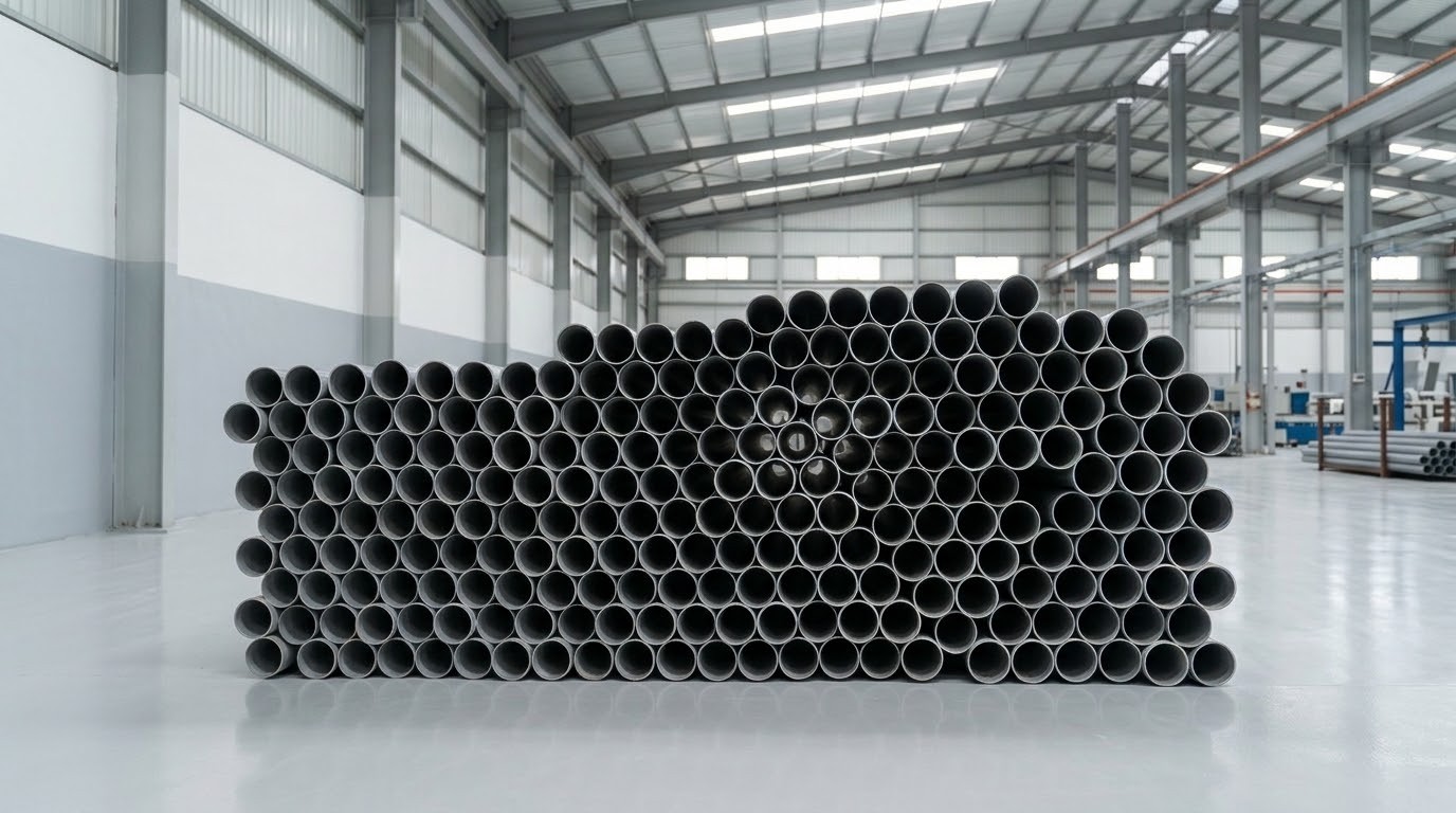 Grey UPVC pipes in the factory warehouse