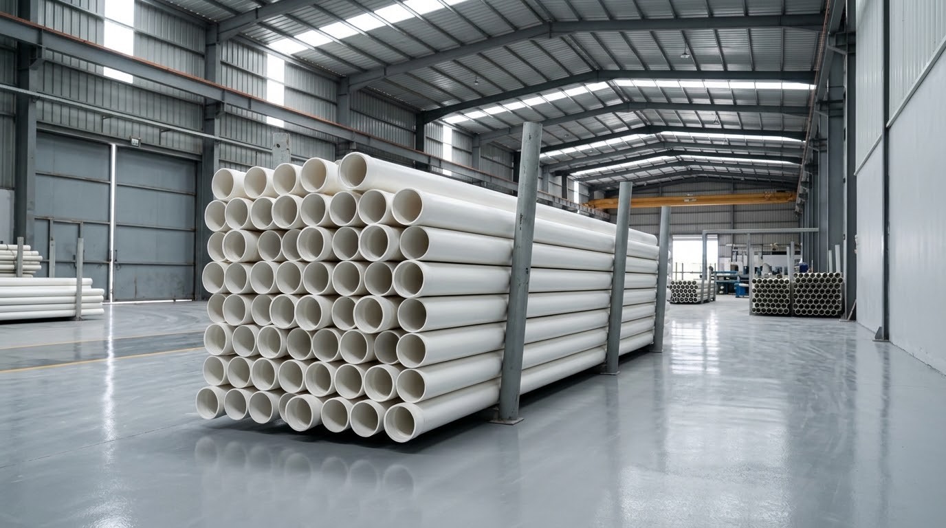 White UPVC pipes in the factory warehouse
